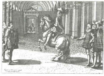 A 17th Century woodcut showing a horse being trained in a small, enclosed school.
